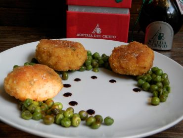 Crocchette di merluzzo e gamberi con pisellini saltati all’Aceto Balsamico Tradizionale di Modena D.O.P. invecchiato in botti di gelso