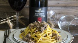 Maccheroni alla chitarra con ragù bianco di maiale al tartufo e Inferno Valtellina Superiore D.O.C.G.